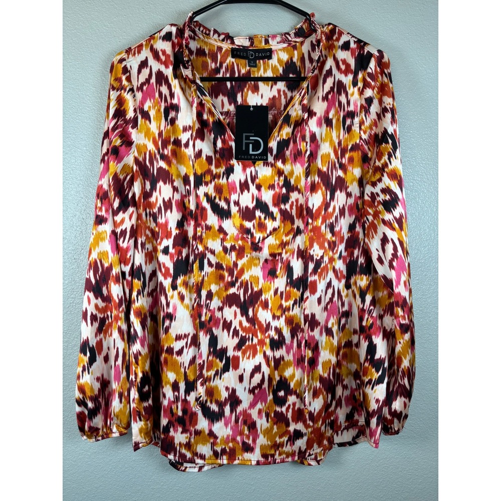 Fred David Women's Small Abstract Print Long Sleeve V Neck Tie Neck‎ Blouse NWT